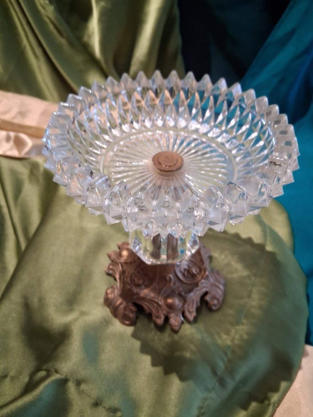 Vintage Ornate Cut Crystal and Bronze/Brass Pedestal Comport / Bowl